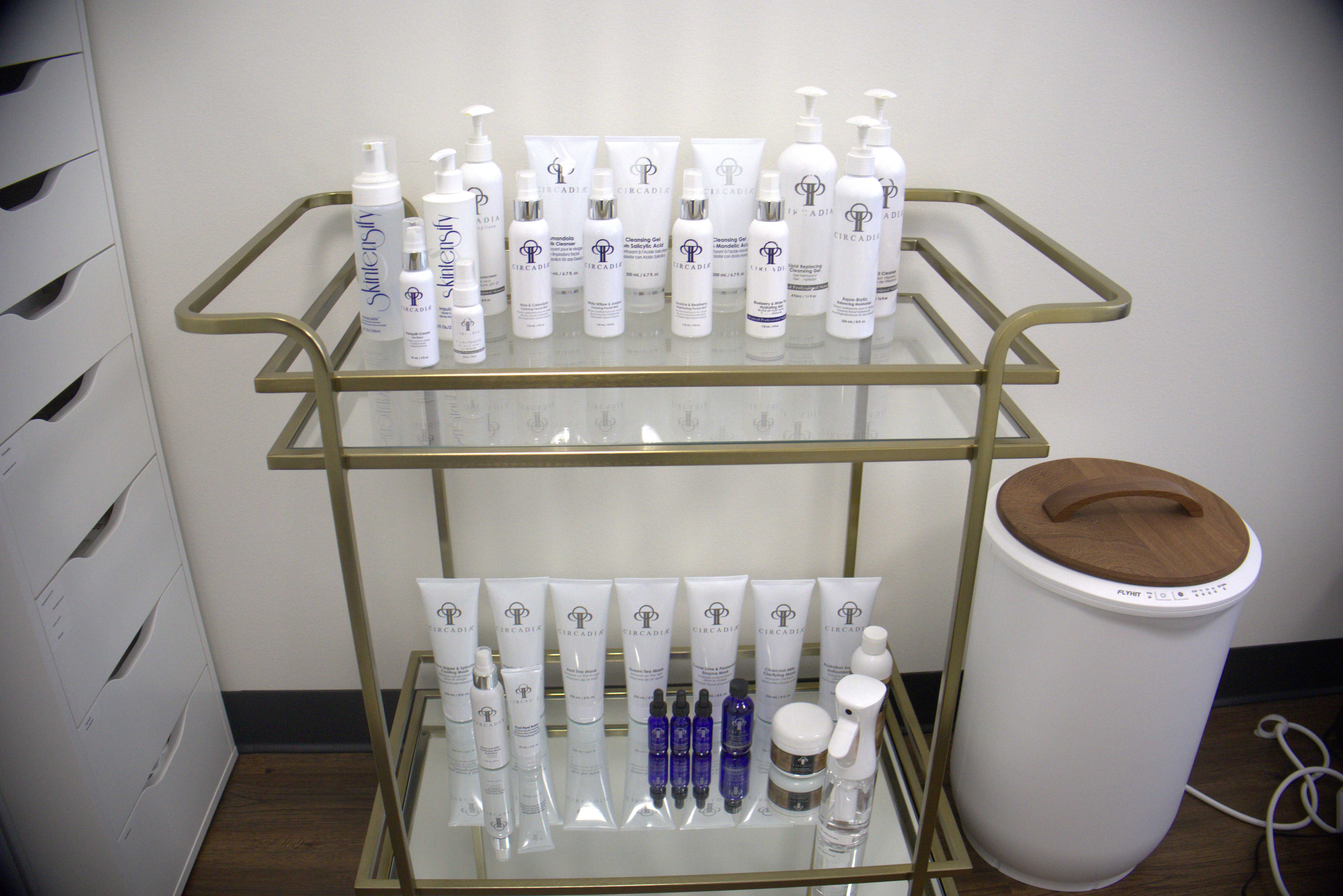 Professional skincare product display featuring premium treatment products